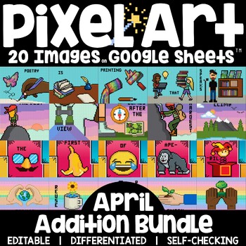 Preview of Pixel Art Math Addition and Subtraction Practice Bundle - April Spring Theme