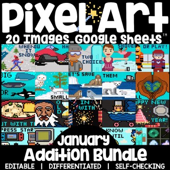 Preview of Pixel Art Math Addition and Subtraction Facts on Google Sheets January Bundle