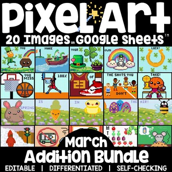 Preview of Pixel Art Math March Bundle Addition & Subtraction on Google Sheets