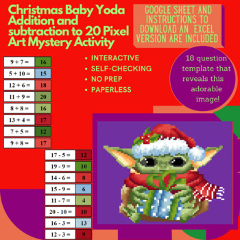 Preview of Digital Pixel Art NO PREP - Christmas Baby Alien Addition and Subtraction to 20