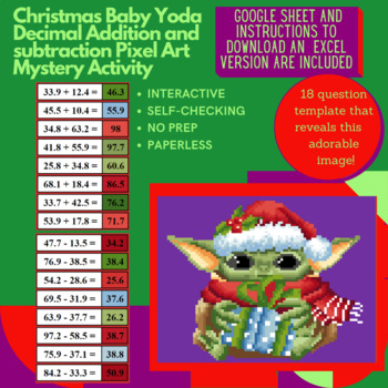 Preview of Digital Pixel Art NO PREP Christmas Baby Alien Decimal Addition and Subtraction