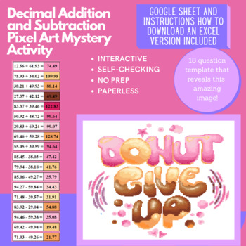 Preview of Digital Pixel Art NO PREP - Donut Decimal Addition and Subtraction Google Sheets