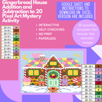 Preview of Digital Pixel Art NO PREP - Gingerbread House Addition and Subtraction to 20