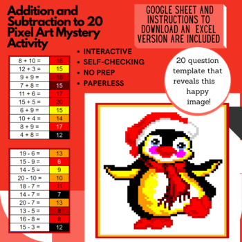 Preview of Digital Pixel Art NO PREP - Happy Penguin Addition and Subtraction to 20