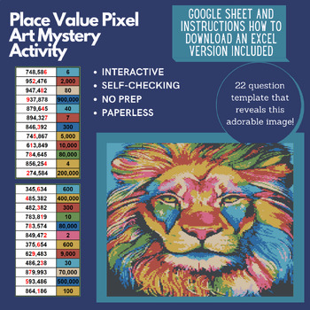 Preview of Digital Pixel Art NO PREP - Lion Place Value Google Sheets