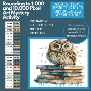 Preview of Digital Pixel Art NO PREP - Owl Rounding to 1,000 and 10,000 Google Sheets
