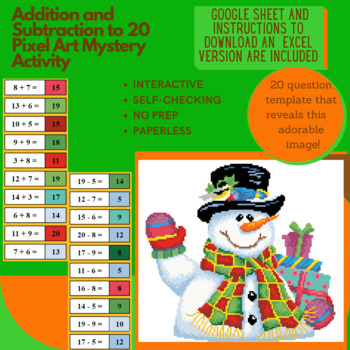 Preview of Digital Pixel Art NO PREP - Snowman with Presents Addition and Subtraction to 20