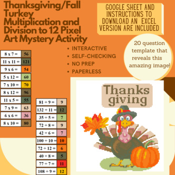 Preview of Digital Pixel Art NO PREP -Thanksgiving Turkey Multiplication and Division to 12