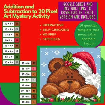 Preview of Digital Pixel Art NO PREP - Winter Bear Addition and Subtraction to 20