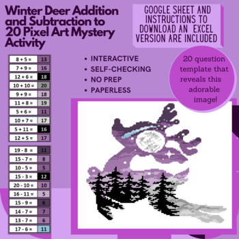 Preview of Digital Pixel Art NO PREP - Winter Deer Addition and Subtraction to 20