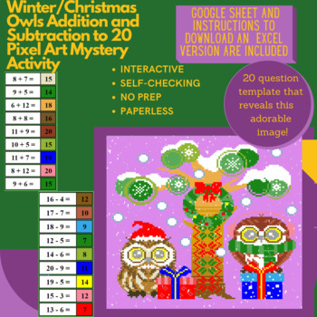 Preview of Digital Pixel Art NO PREP - Winter Owls Addition and Subtraction to 20