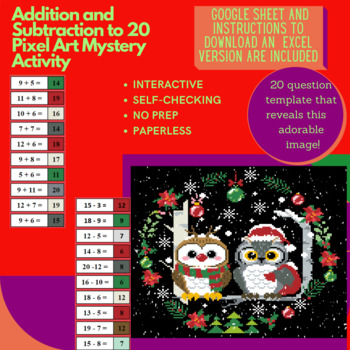 Preview of Digital Pixel Art NO PREP - Winter Owls Addition and Subtraction to 20 with GIFs