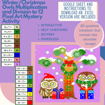 Preview of Digital Pixel Art NO PREP - Winter Owls Multiplication and Division to 12
