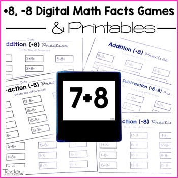 Preview of Digital & Printable Math Facts +8, -8 (Distance Learning)