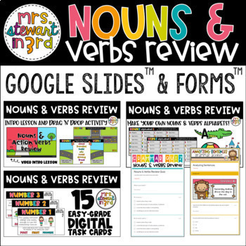 Preview of Digital + Printable Nouns & Verbs REVIEW Bundle for Google Slides™ & Forms™