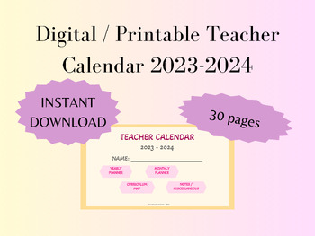 Preview of Digital Printable Teacher Calendar 2023-24: Planning + Curriculum Mapping