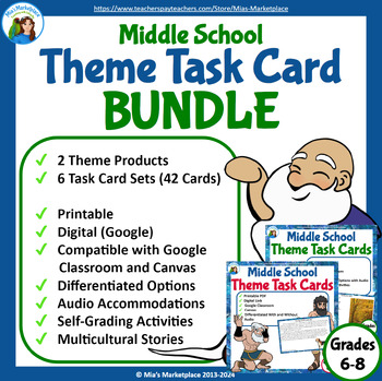 Preview of Digital/Printable Theme Task Card Bundle w/ Differentiation & Audio Grades 7-8