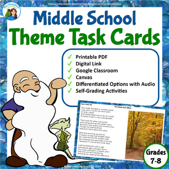 Preview of Digital/Printable Theme Task Cards w/ Reading Differentiation & Audio Grades 7-8