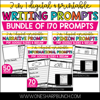 Preview of Digital & Printable Writing Prompts Personal Narrative, Opinion & Informational