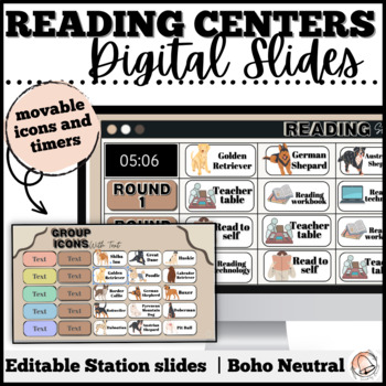 Preview of Digital Reading Center Rotation Slides with Timers and Icons | Boho Neutrals