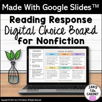 Preview of Digital Reading Response Choice Board for Nonfiction INTERACTIVE GOOGLE SLIDES