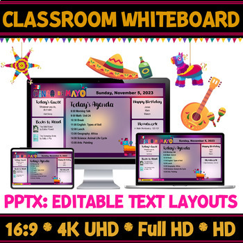 Preview of Teaching Planner Cinco de Mayo Classroom Whiteboard | Editable Slide Layouts.