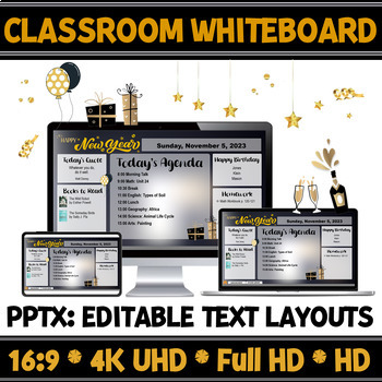 Preview of Digital Resources New Year Party Classroom Whiteboard| Editable Slide Layouts.