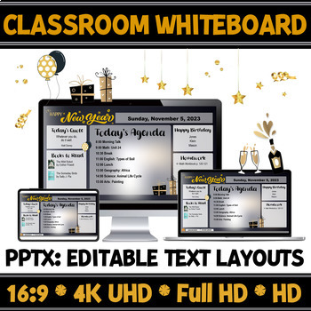 Preview of Teaching Planner New Year Party Classroom Whiteboard| Editable Slide Layouts.