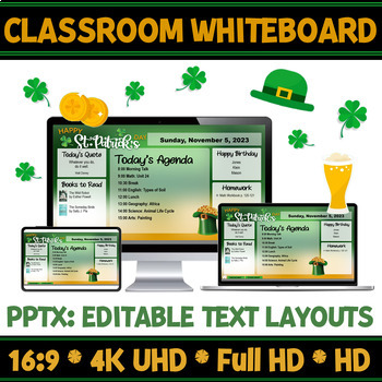 Preview of Teaching Planner St. Patrick’s Day Classroom Whiteboard Editable Slide Layouts.