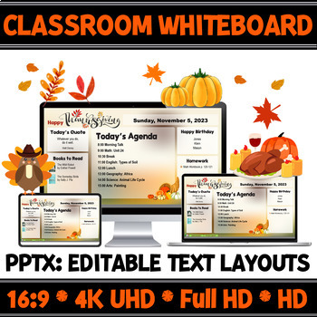 Preview of Teaching Planner Thanksgiving Classroom Whiteboard | Editable Slide Layouts.