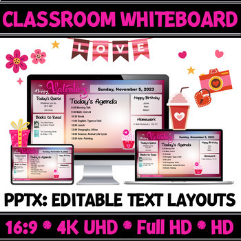 Preview of Teaching Planner Valentine’s Day Classroom Whiteboard| Editable Slide Layouts.