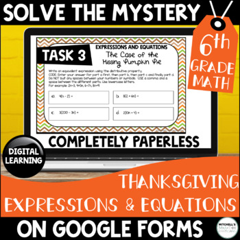 Preview of Digital Solve the Mystery | 6th Grade Expressions and Equations | Thanksgiving
