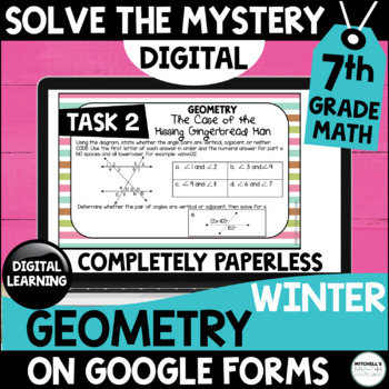 Preview of 7th Grade Digital Solve the Mystery | GEOMETRY Task Card Activity | Winter Theme