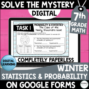 Preview of 7th Grade Digital Solve the Mystery Probability and Statistics Winter Themed