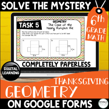 Preview of Digital Solve the Mystery Task Card Activity | 6th Grade Geometry | Thanksgiving