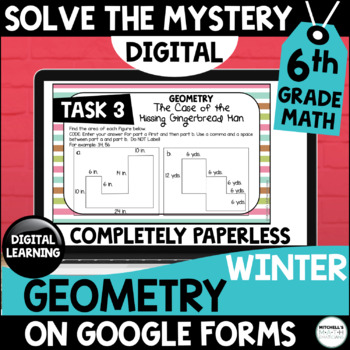 Preview of 6th Grade Digital Solve the Mystery Task Card Activity | Geometry | Winter Theme