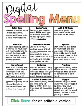 Preview of Digital Spelling Menu and Activities