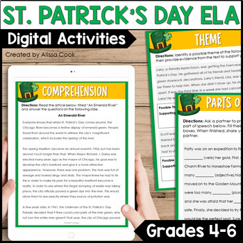 Preview of Digital St. Patrick's Day Reading Comprehension Activities | St Patricks Day ELA