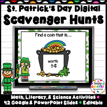 Preview of Digital St. Patrick's Day Themed Math, Literacy, and Science Scavenger Hunts