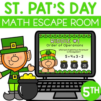 Preview of Digital St Patricks Day Escape Room Activity 5th Grade Math Review March