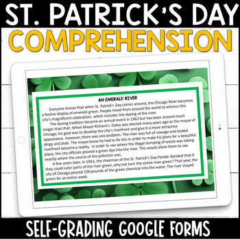 Preview of Digital St Patricks Google Forms | St Patricks Day Reading Comprehension