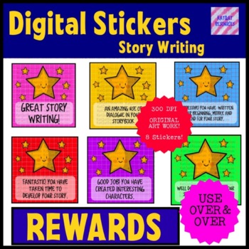 Preview of Digital Stickers - Distance Learning - Story Writing Feedback and Merit / Reward