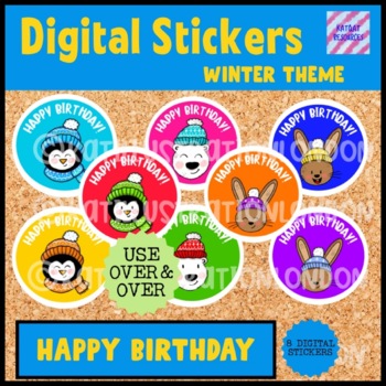 Preview of Digital Stickers - Happy Birthday - Cute Winter Animals Theme