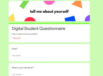 Preview of Digital Student Questionnaire - Back to School - Get to Know You Activity