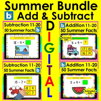 Preview of Digital Summer Addition and Subtraction 11-20 Boom Cards Bundle Animated GIFs