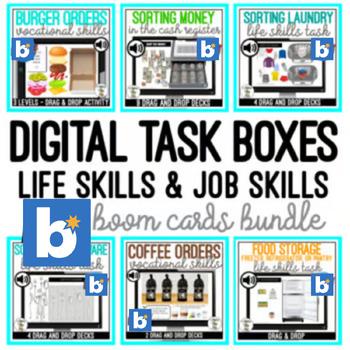 Preview of Digital Task Boxes - Life & Job Skills - Boom Cards Drag & Drop/Typing Bundle
