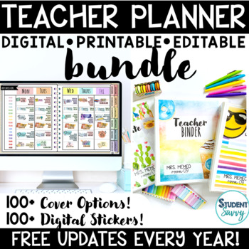 Preview of Teacher Planner 2024 2025 Digital Editable Binder June Calendar Cover Summer