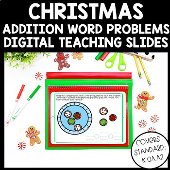 Preview of Digital Teaching Slides Word Problems K.OA.A.2 Kindergarten Math Christmas