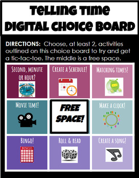 Preview of Digital Telling time to the hour and half hour choice board