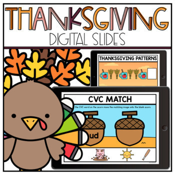 Preview of Digital Thanksgiving Google Slides Kindergarten | Thanksgiving Math & Literacy